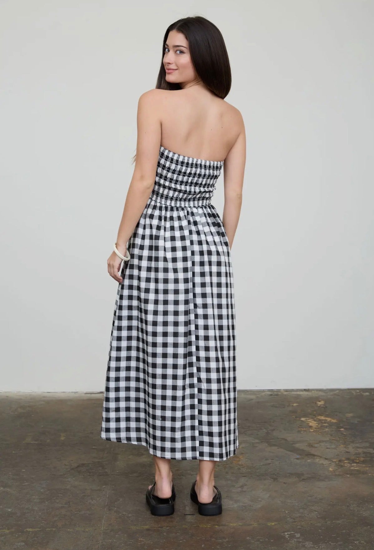 Black checkered strapless dress