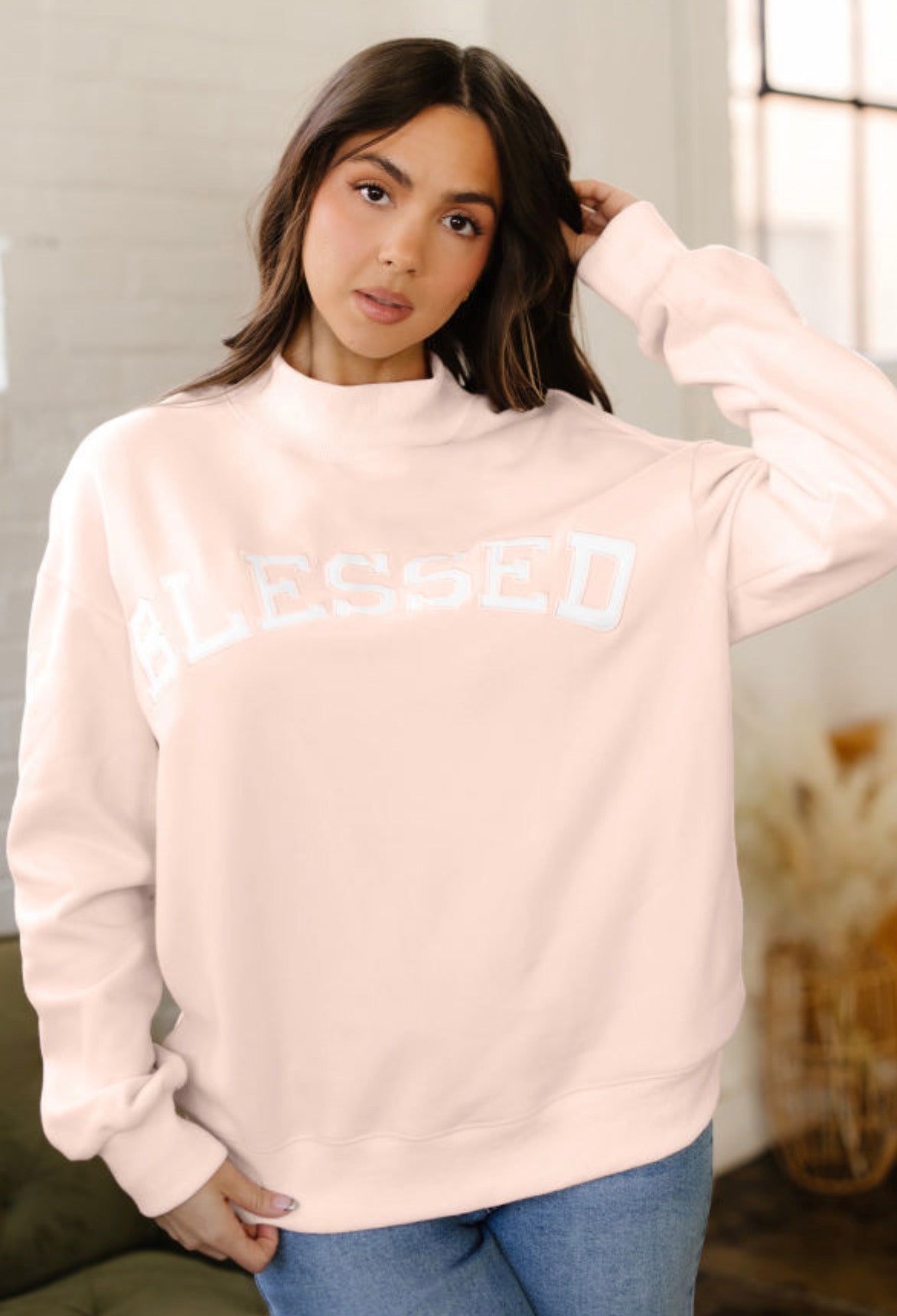 Blessed light pink mock neck sweatshirt