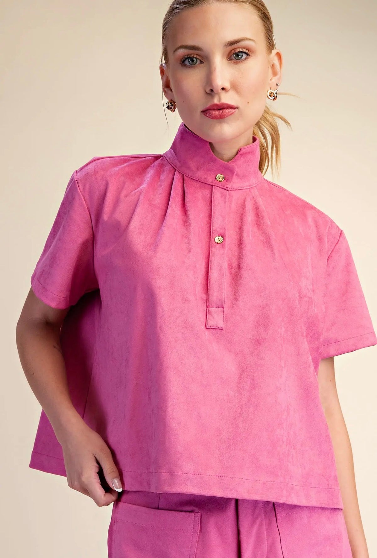 Stand collar short sleeve top