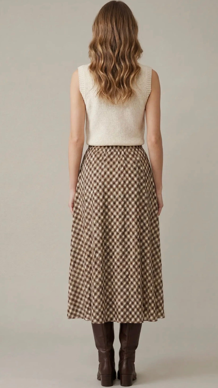 Brown woven check print skirt