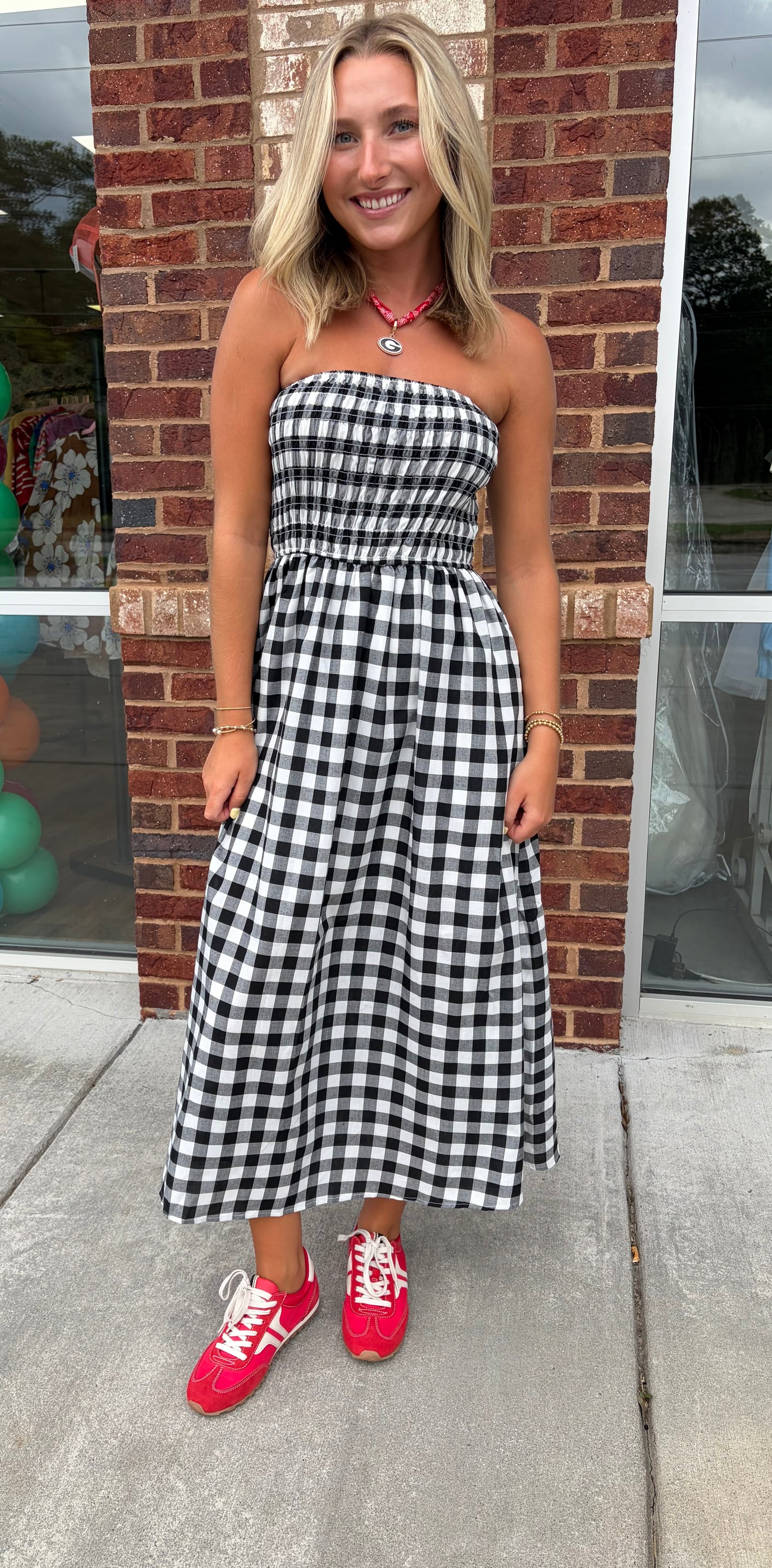 Black checkered strapless dress