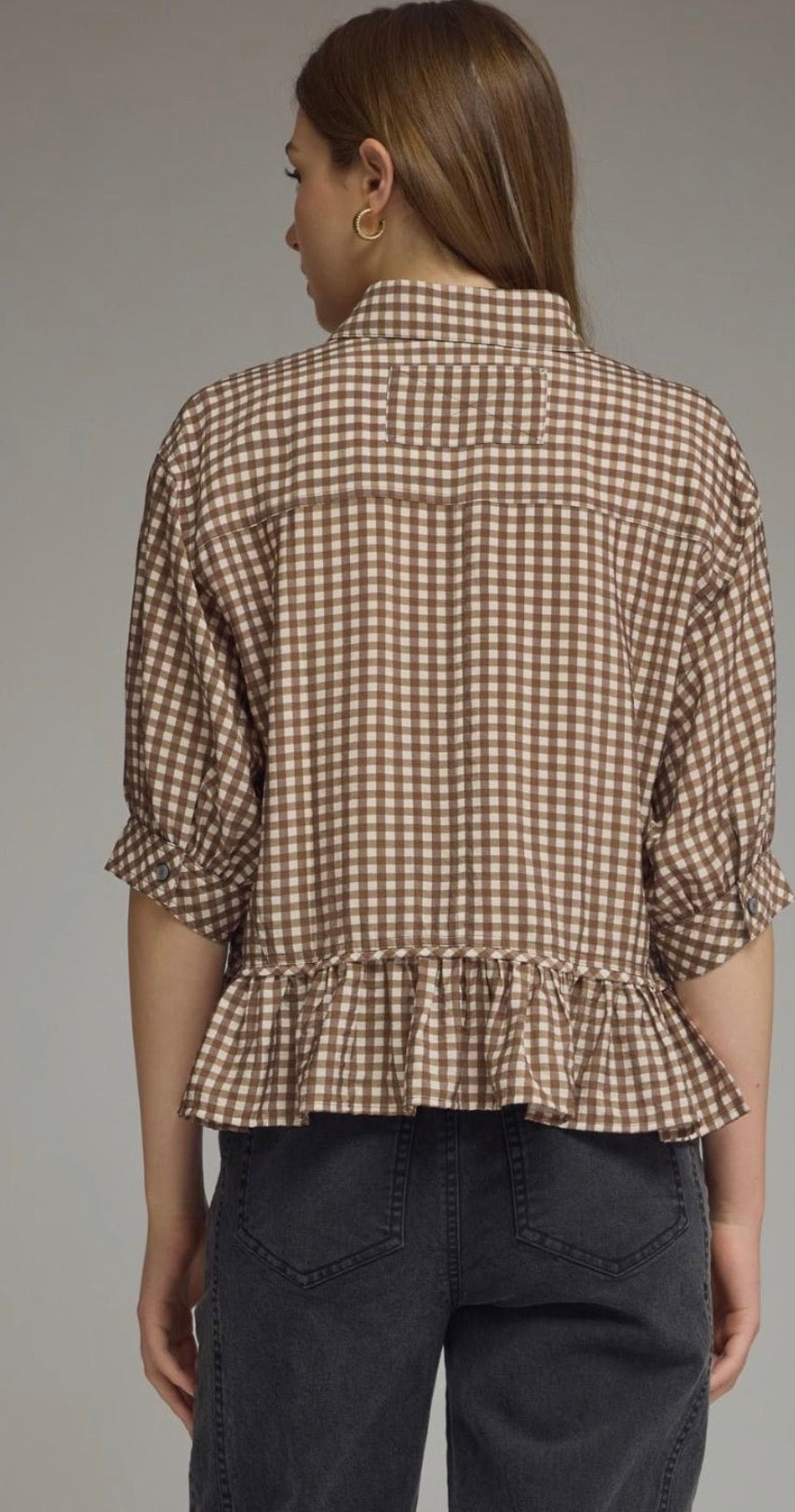 Brown gingham button top