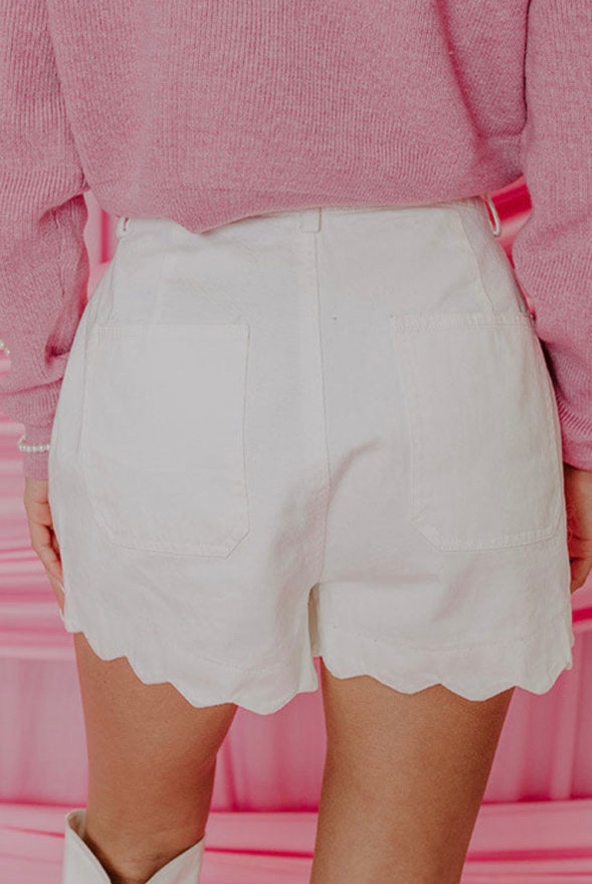 Scalloped white denim shorts