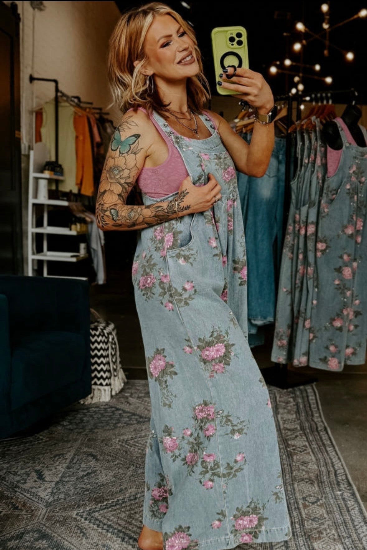 Floral denim overalls