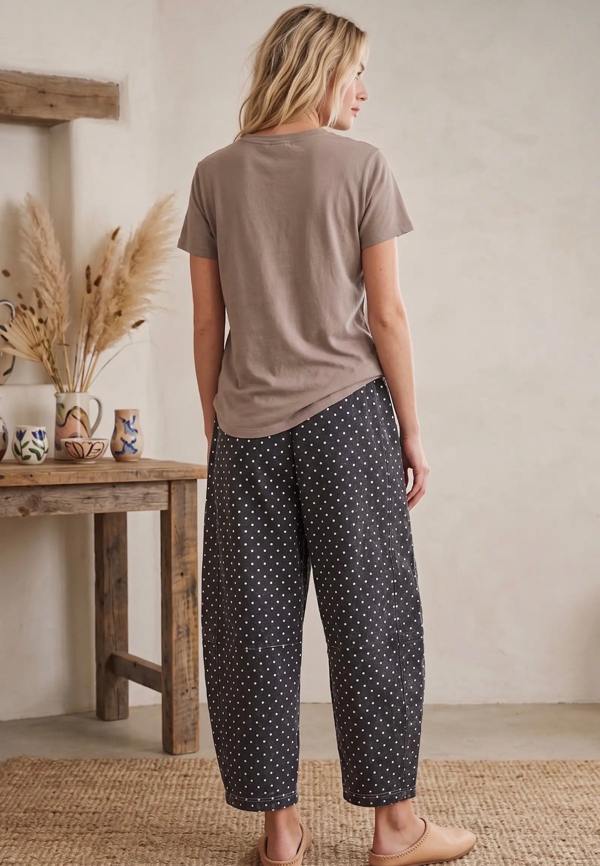 Black polka dot barrel pants
