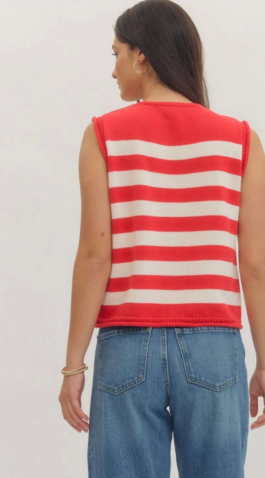 Red/white stripe button sweater