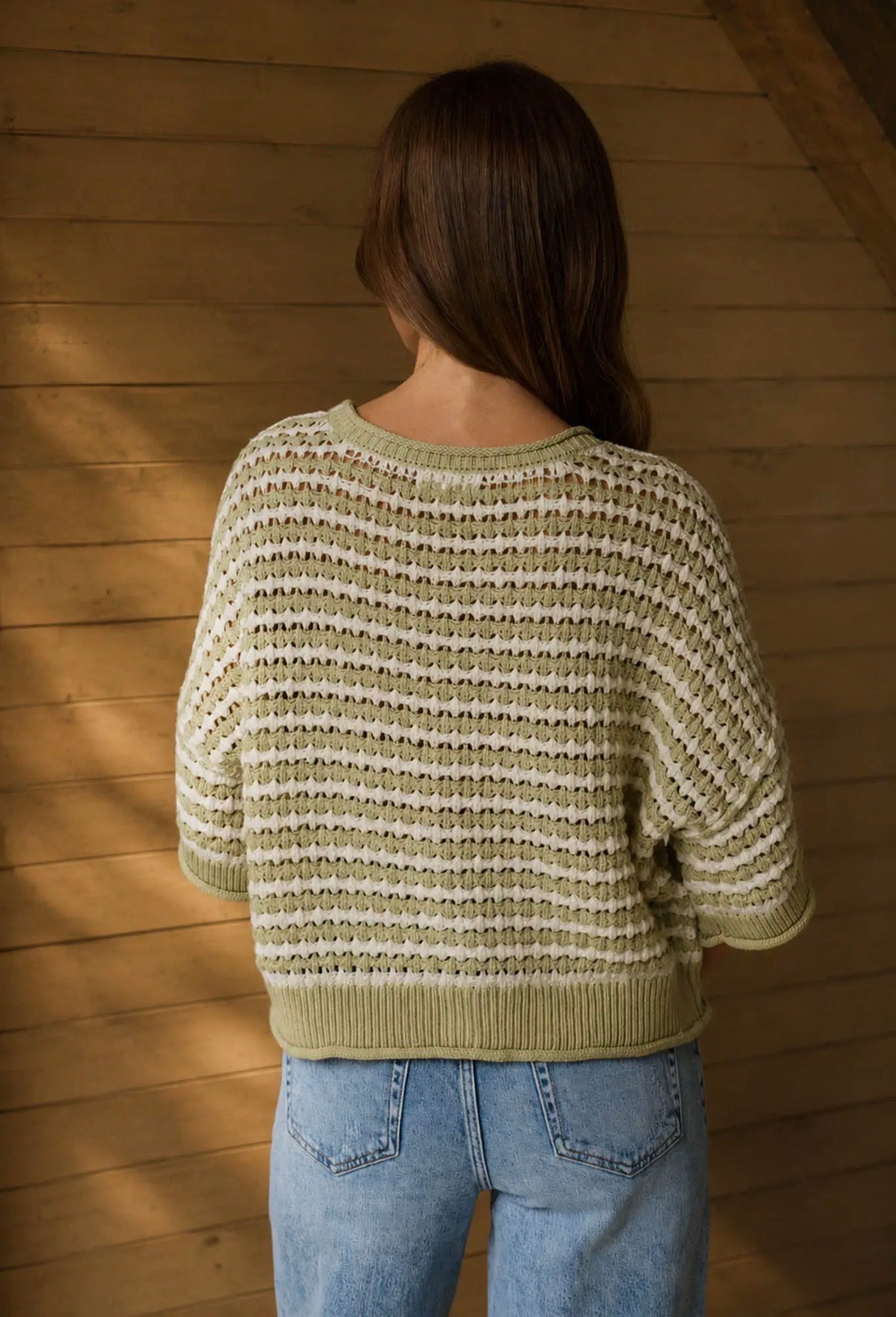 Green stripe button sweater top