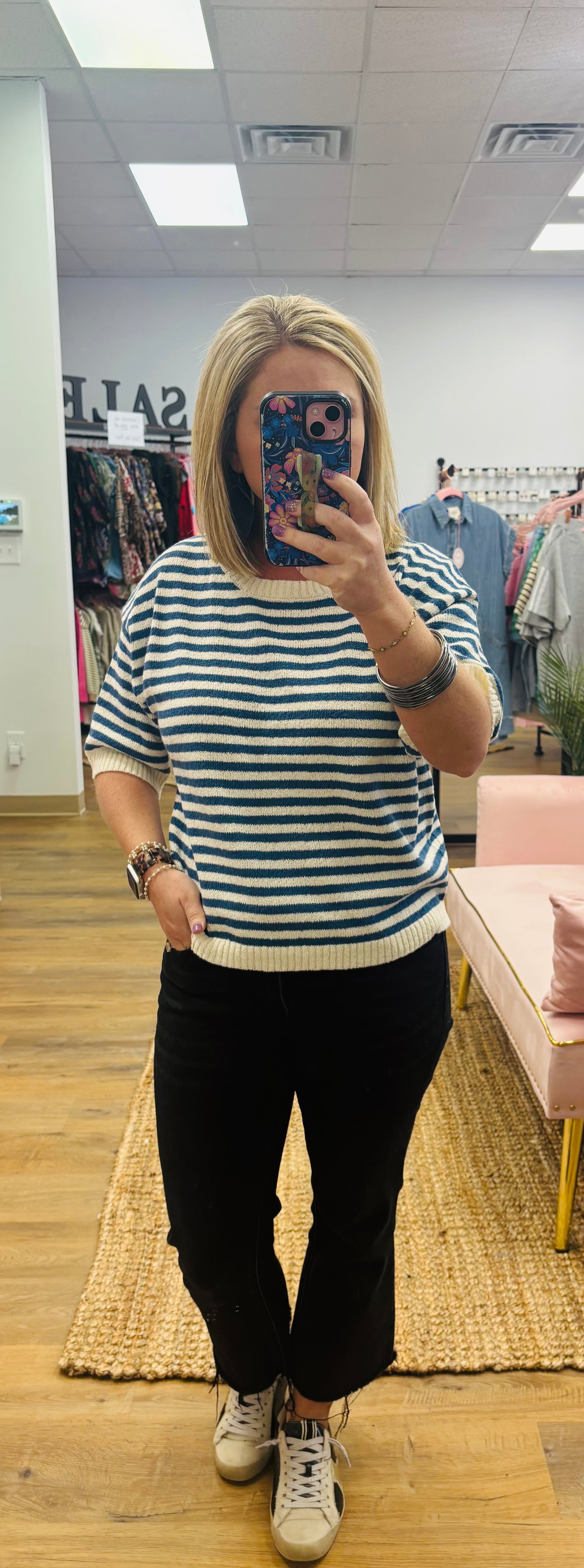 Blue stripe button back sweater top