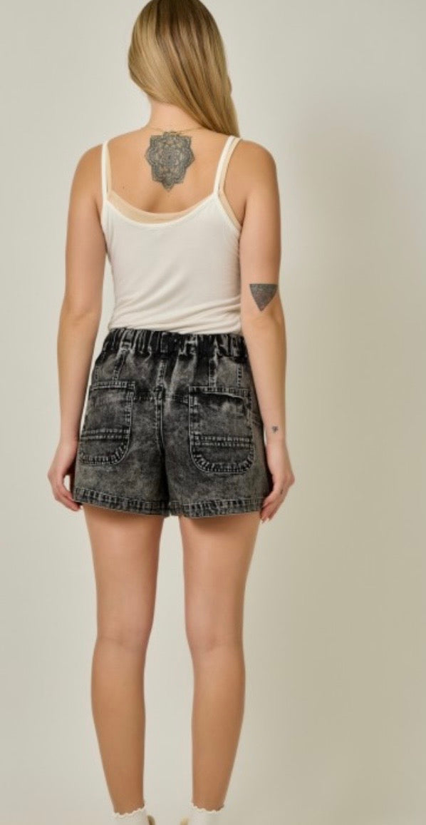 Washed black pull-on shorts