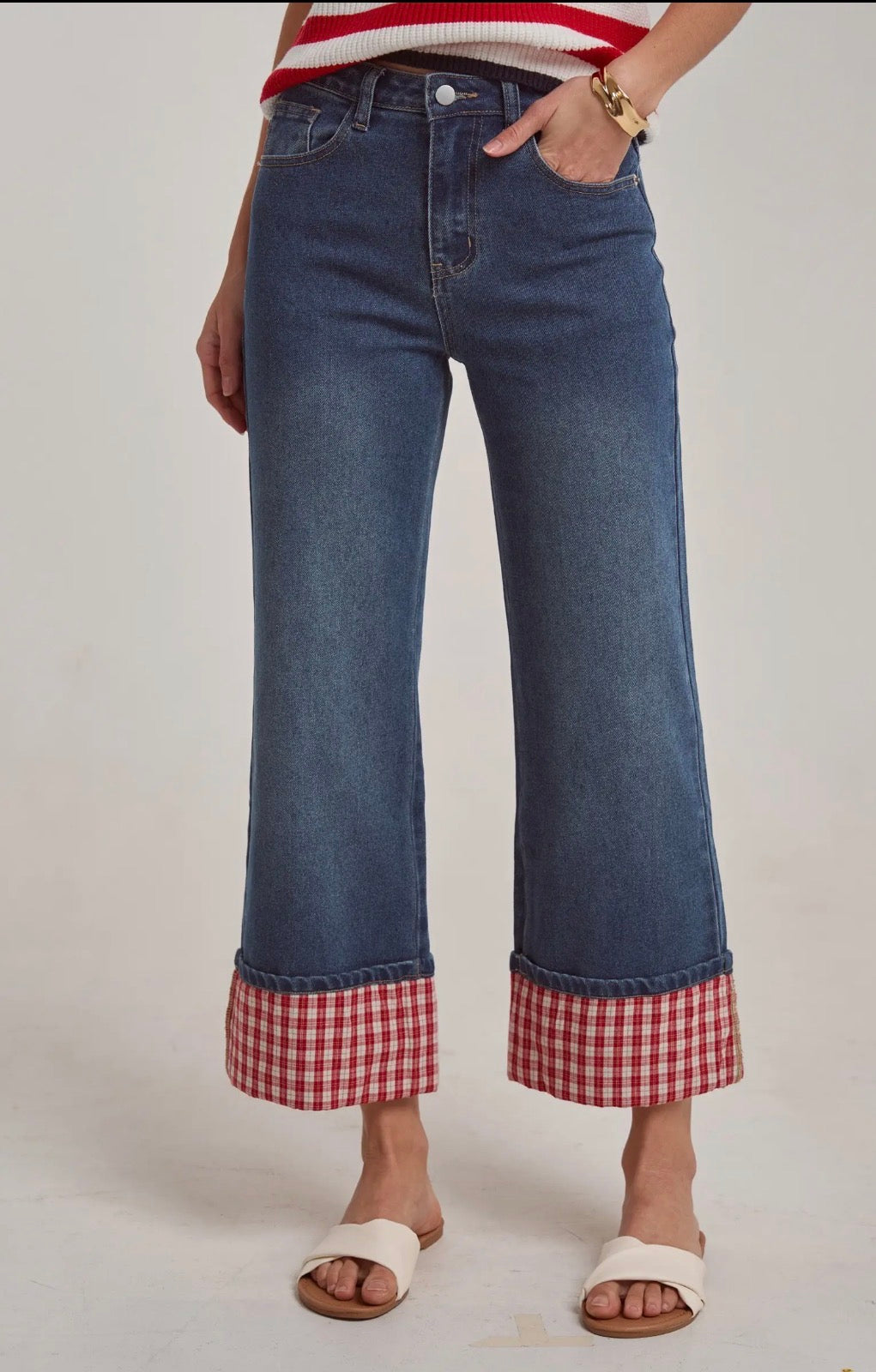Midrise straight leg w/gingham cuff