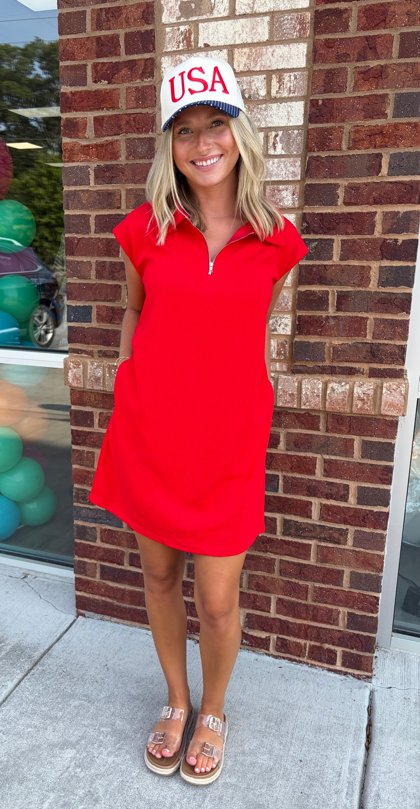 Red zip collar dress