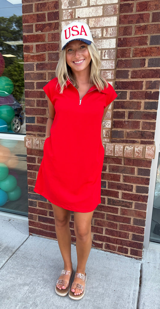 Red zip collar dress