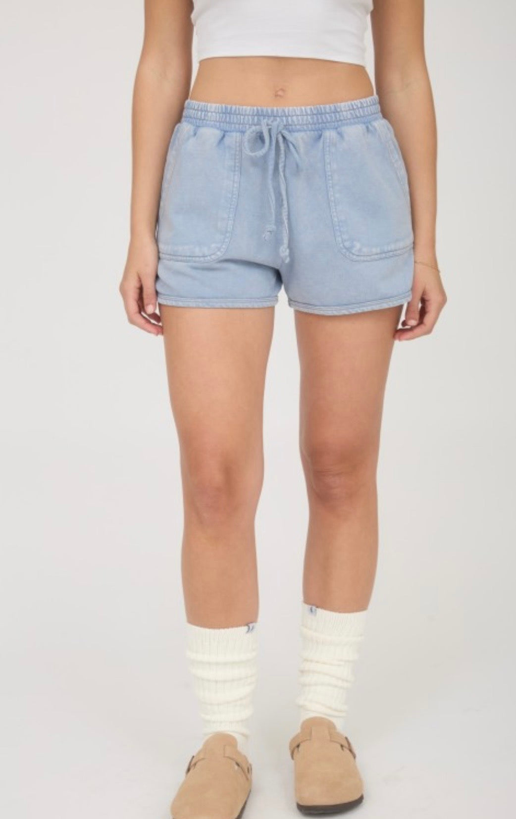 Acid wash drawstring shorts