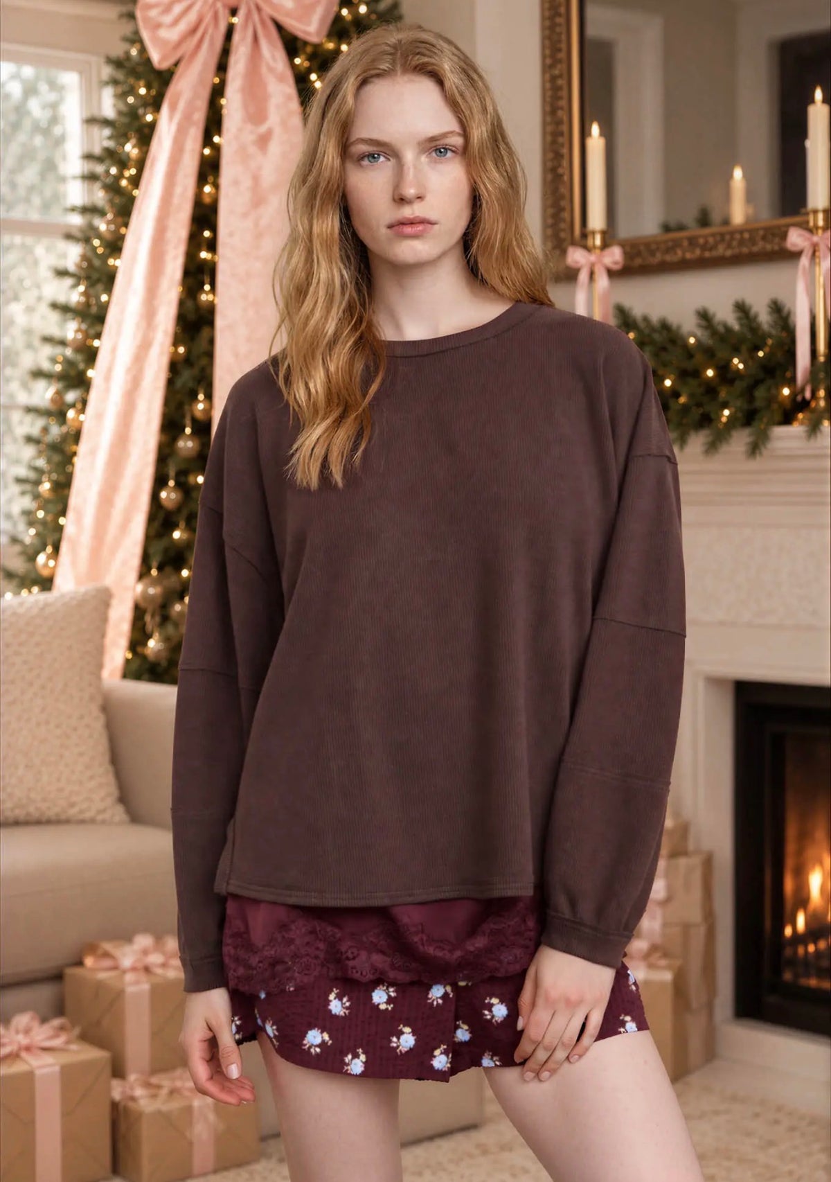 Ribbed extended shoulder boxy crew neck knit