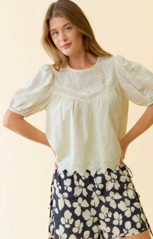 Ivory eyelet puff sleeve top