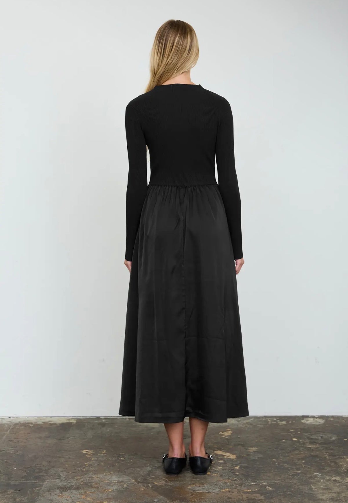 Ribbed mock neck satin midi dress