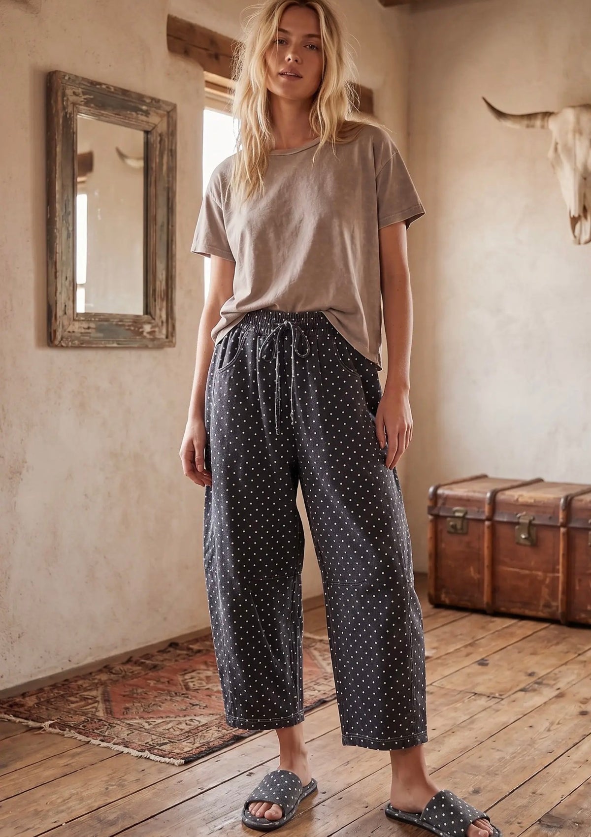 Black polka dot barrel pants
