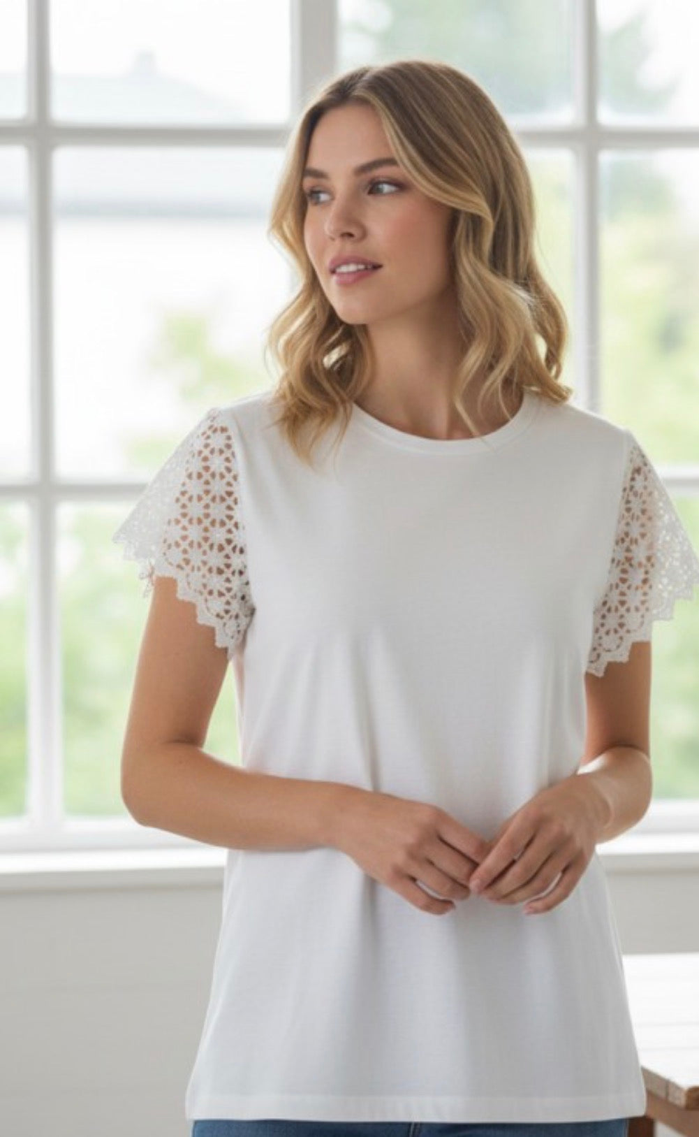 White scalloped sleeve top
