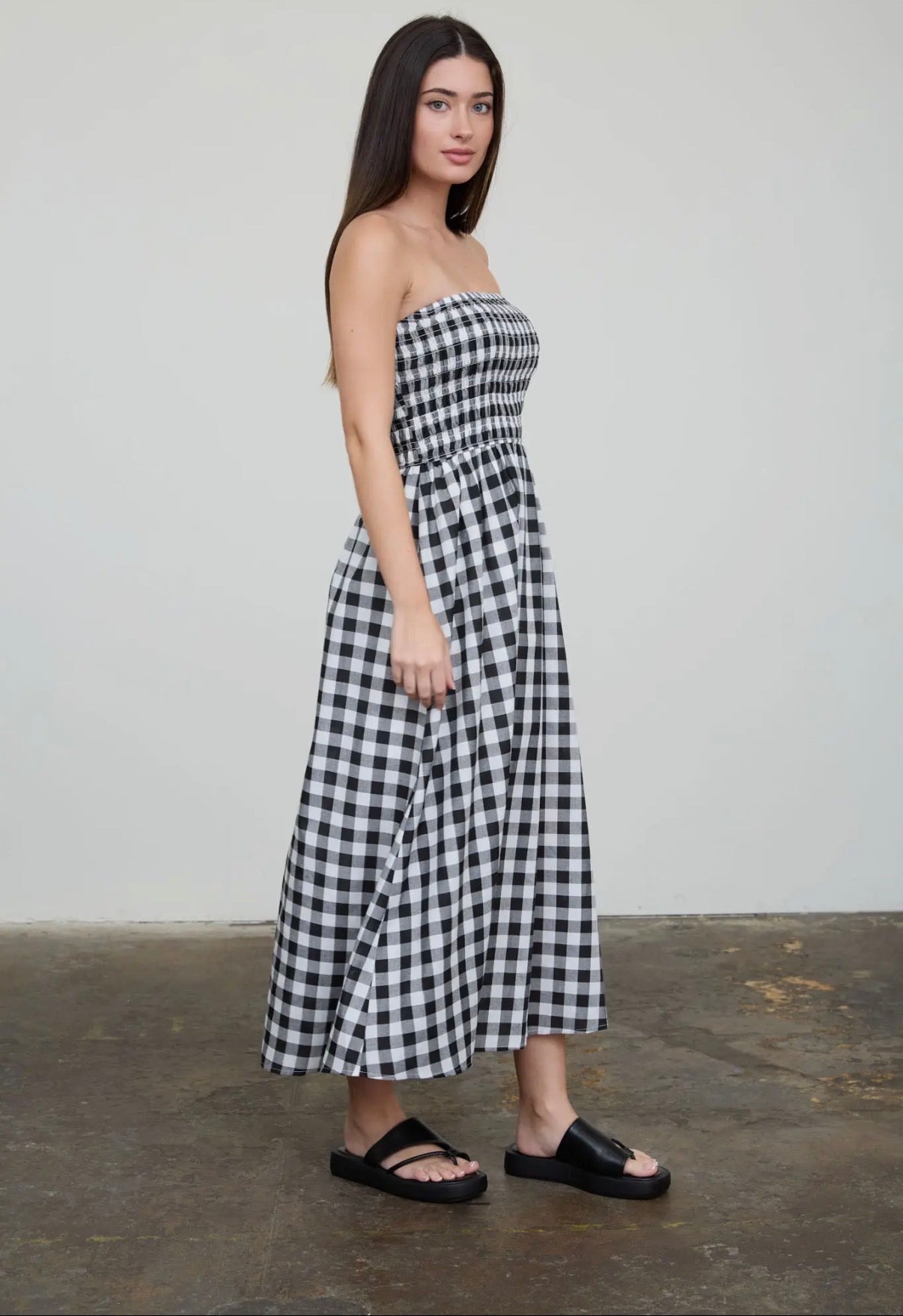 Black checkered strapless dress