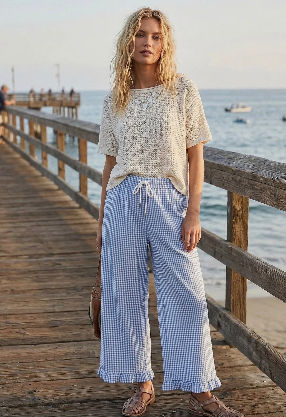 Blue checkered ruffle pants