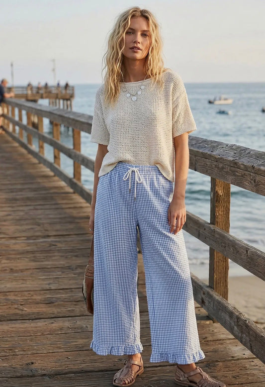 Blue checkered ruffle pants