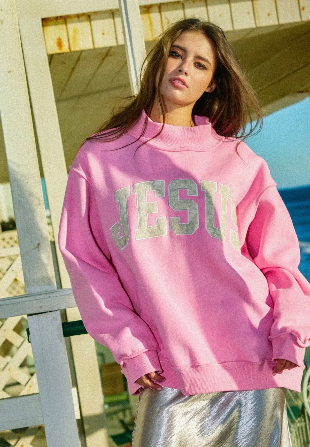 Camo Jesus pink mock neck sweatshirt
