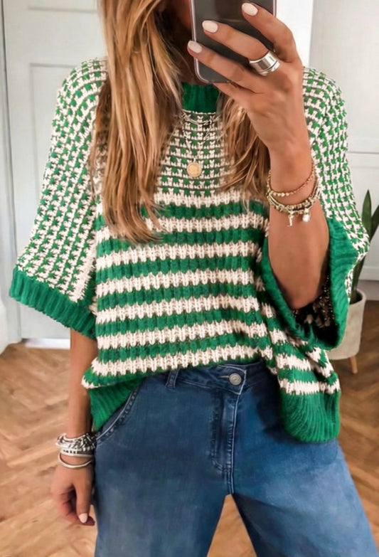Green/cream stripe knit sweater