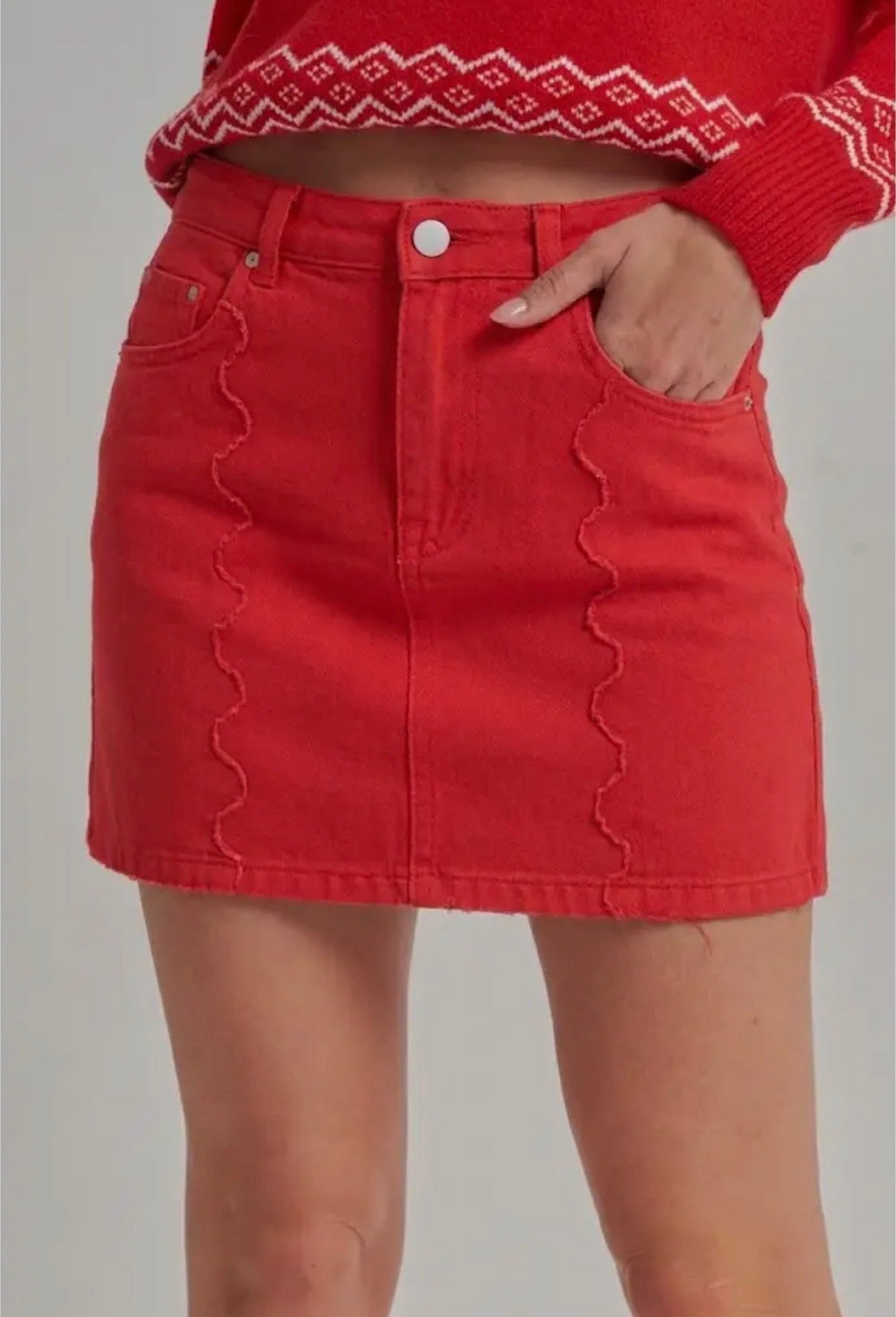 GA red denim skirt