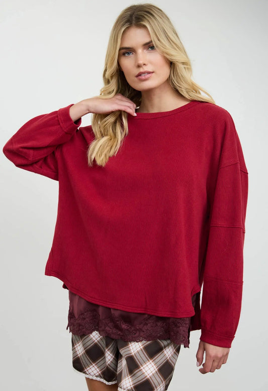 Ribbed extended shoulder boxy crew neck knit