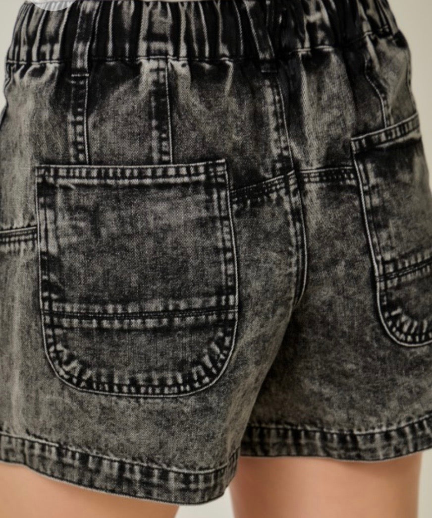 Washed black pull-on shorts