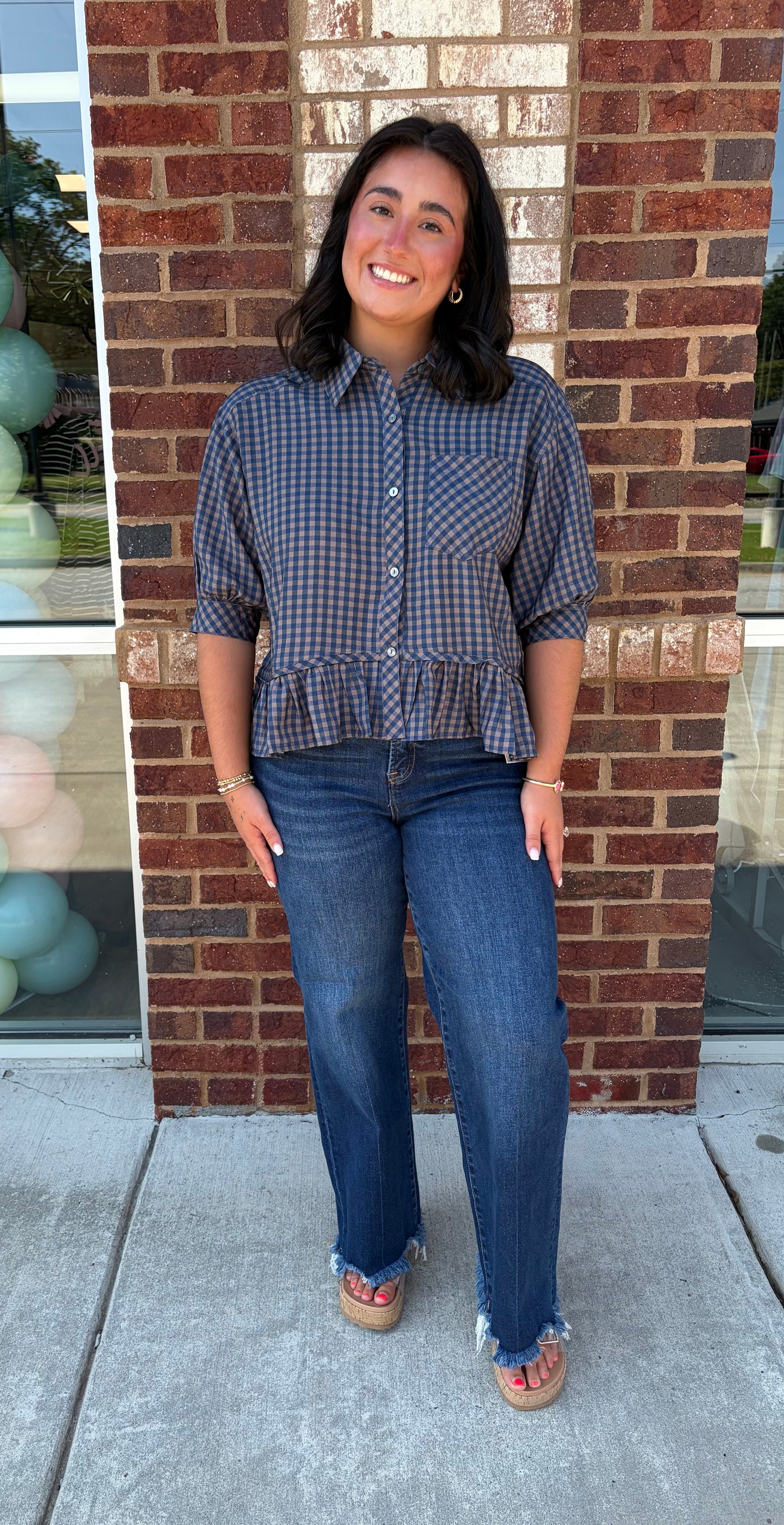 Navy gingham button top