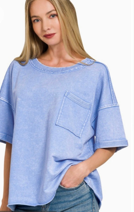 Cornflower acid wash blue top