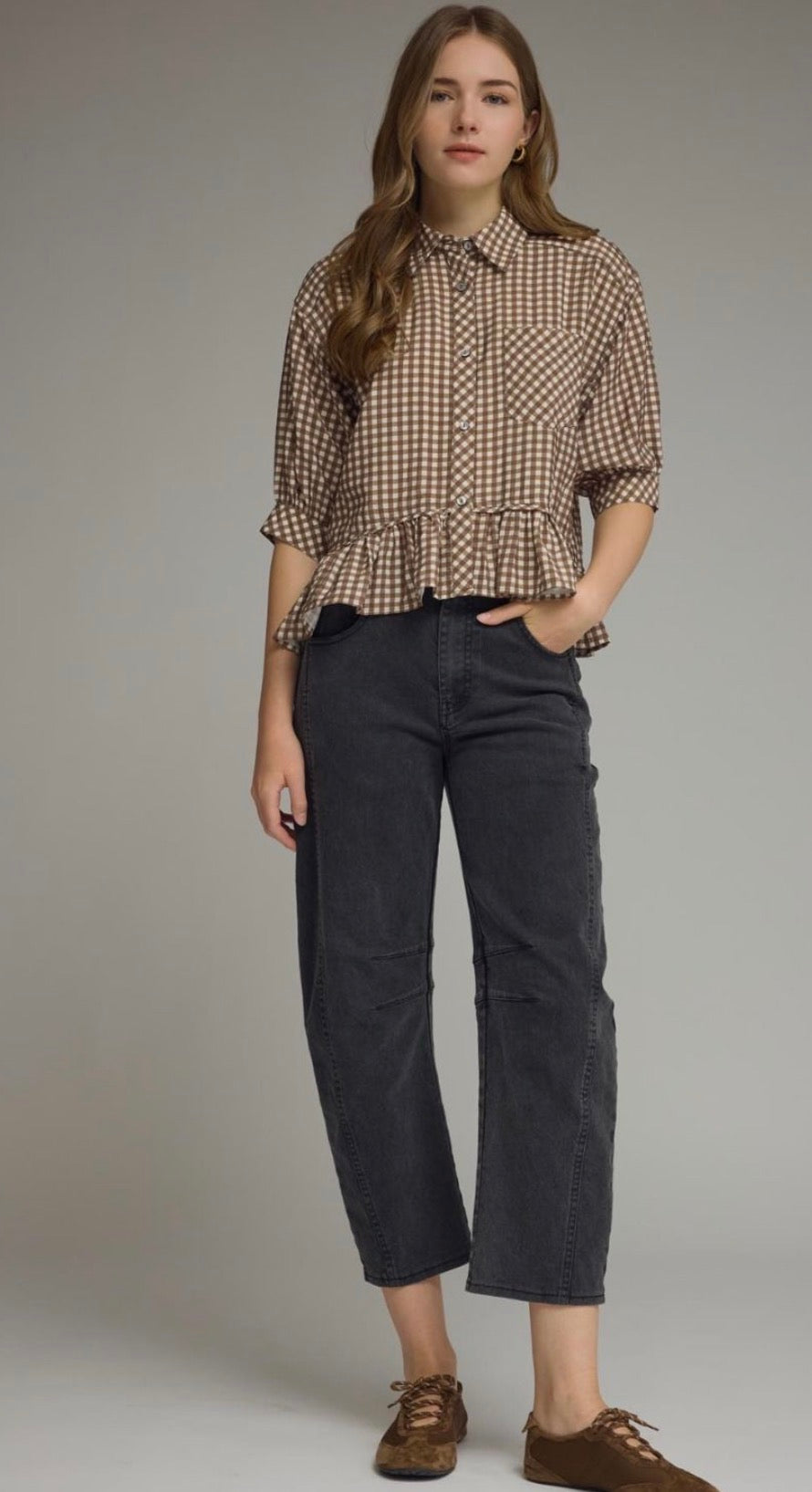 Brown gingham button top