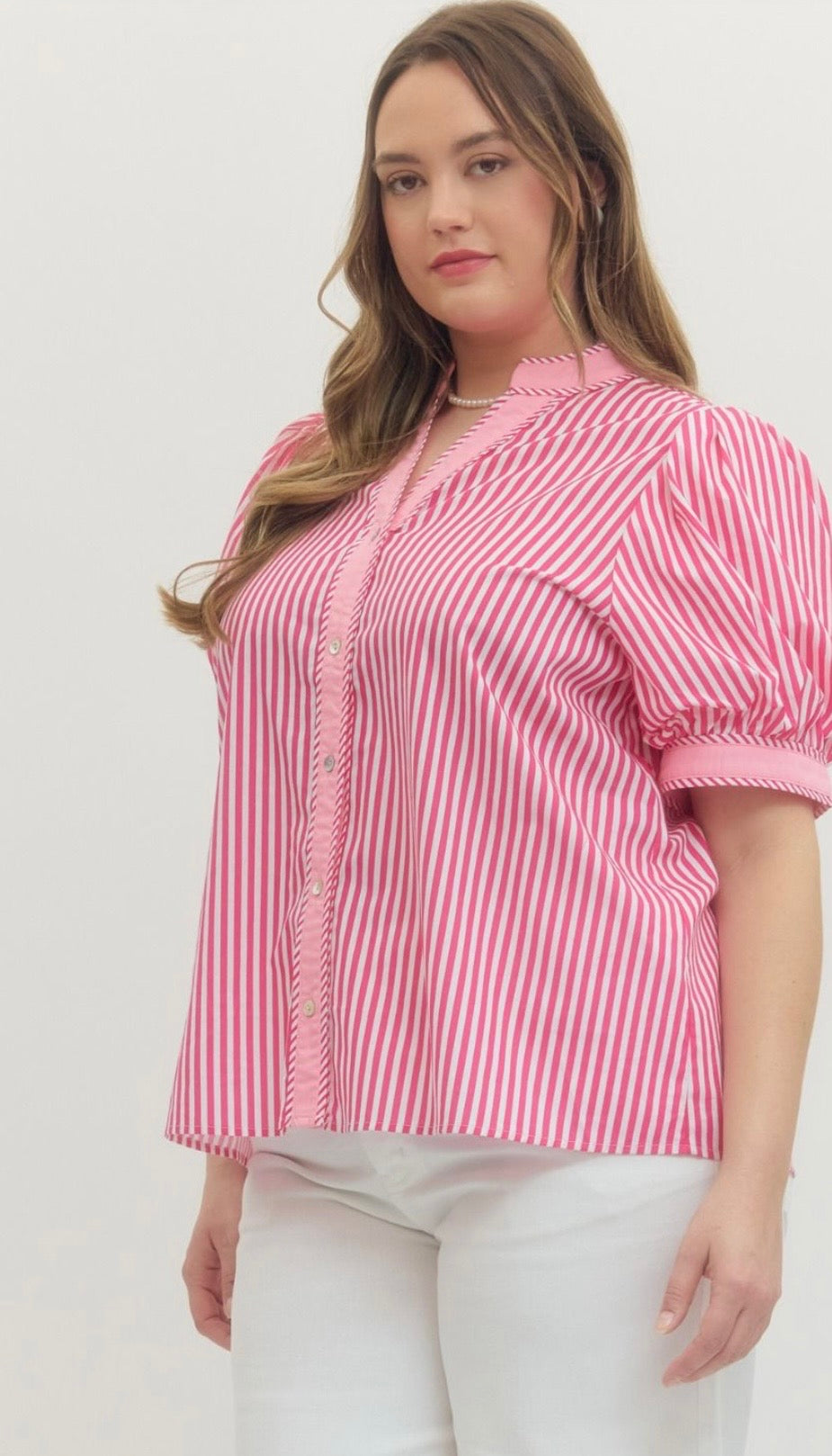 Pink stripe button curvy top