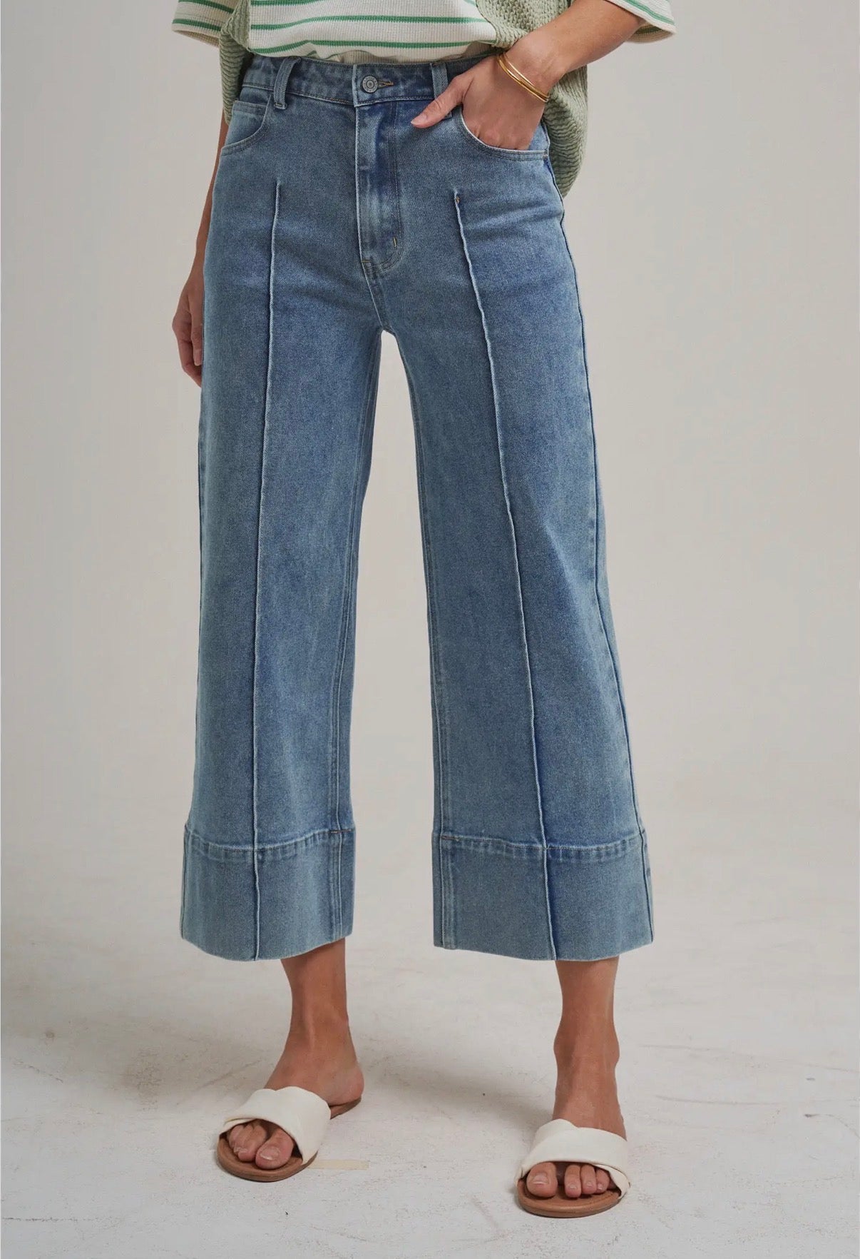 Midrise stretch denim wide leg