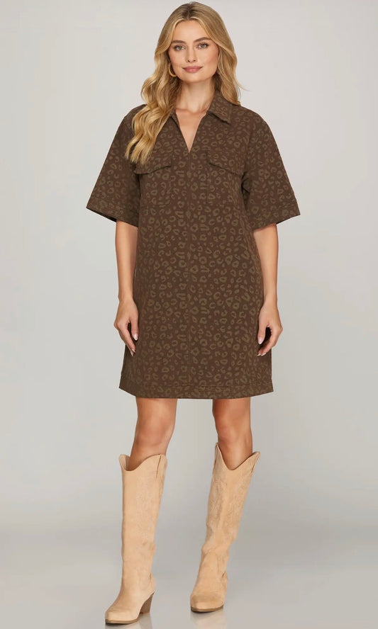Brown cheetah print denim dress
