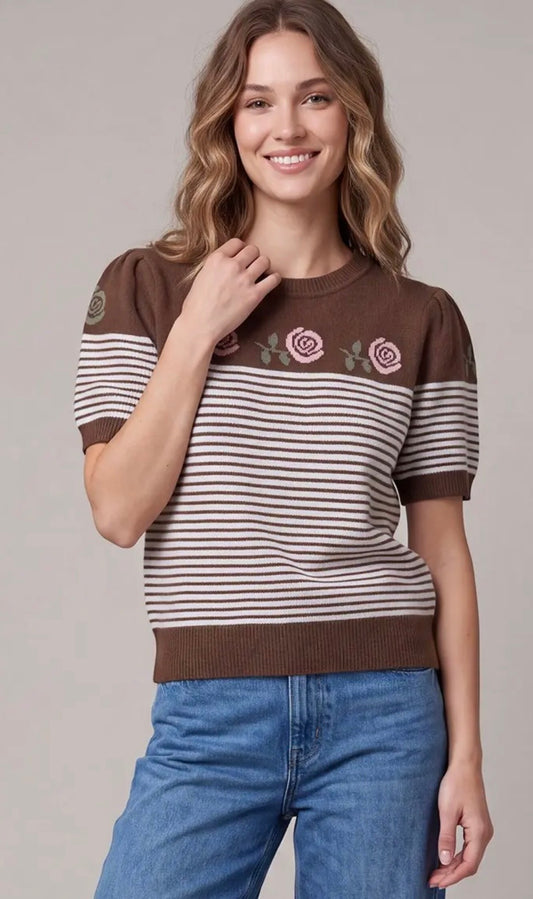 Mocha stripe rose sweater