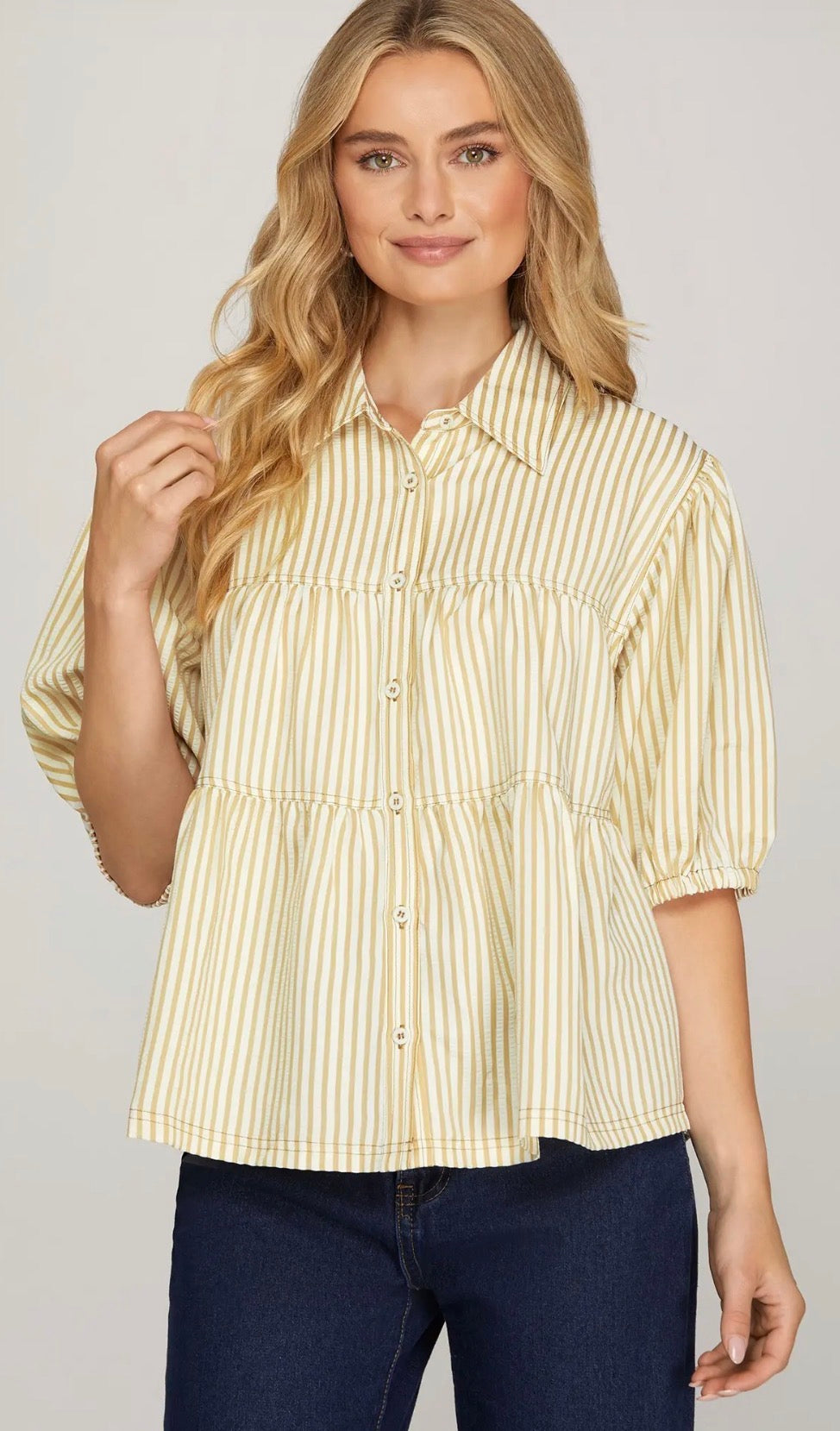 Tenley taupe button top