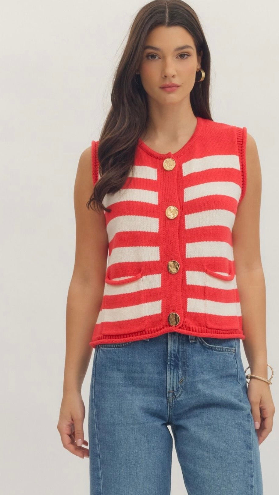 Red/white stripe button sweater