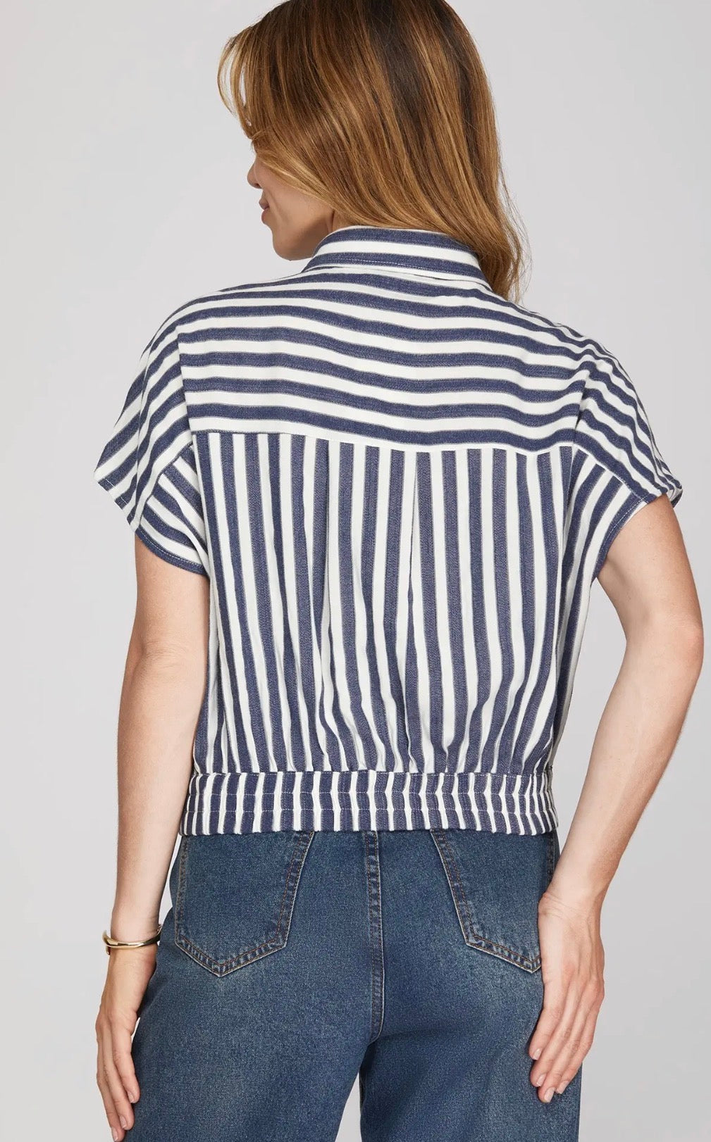 Navy stripe button top