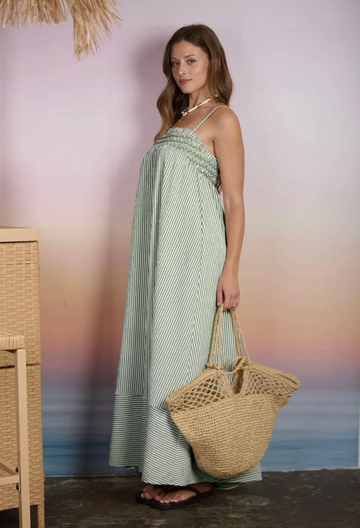 Green smocked tunic maxi