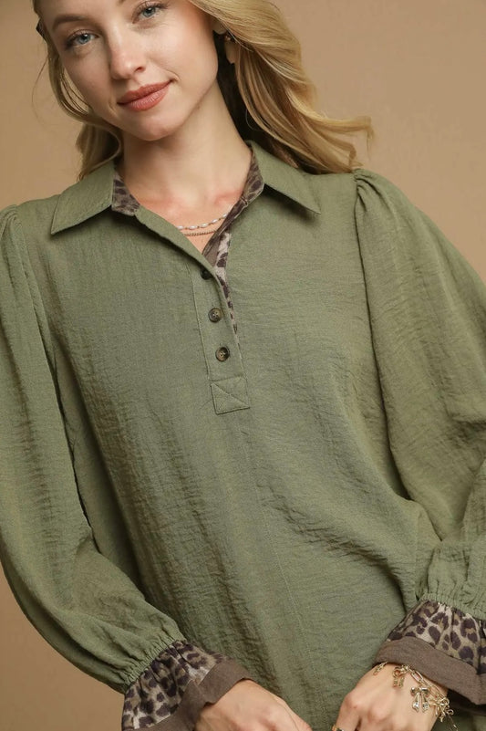Olive cheetah sleeve top