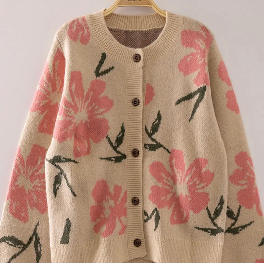 Pink flower button cardigan