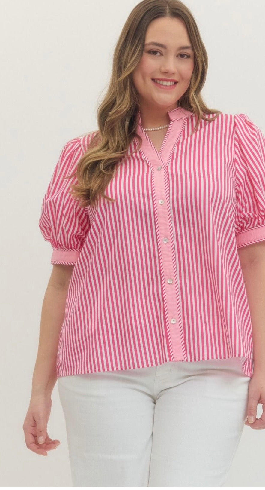 Pink stripe button curvy top