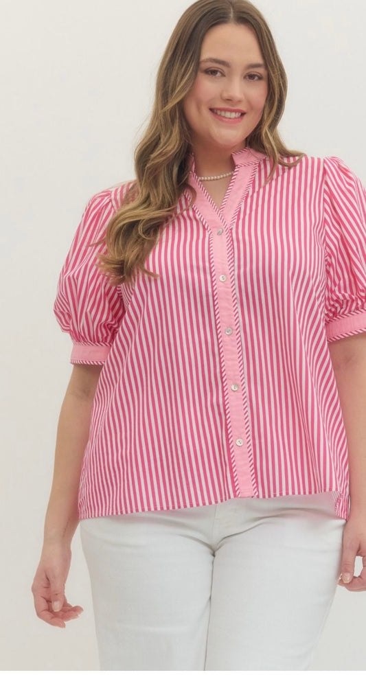 Pink stripe button curvy top