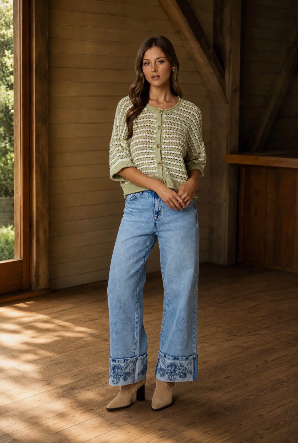 Green stripe button sweater top