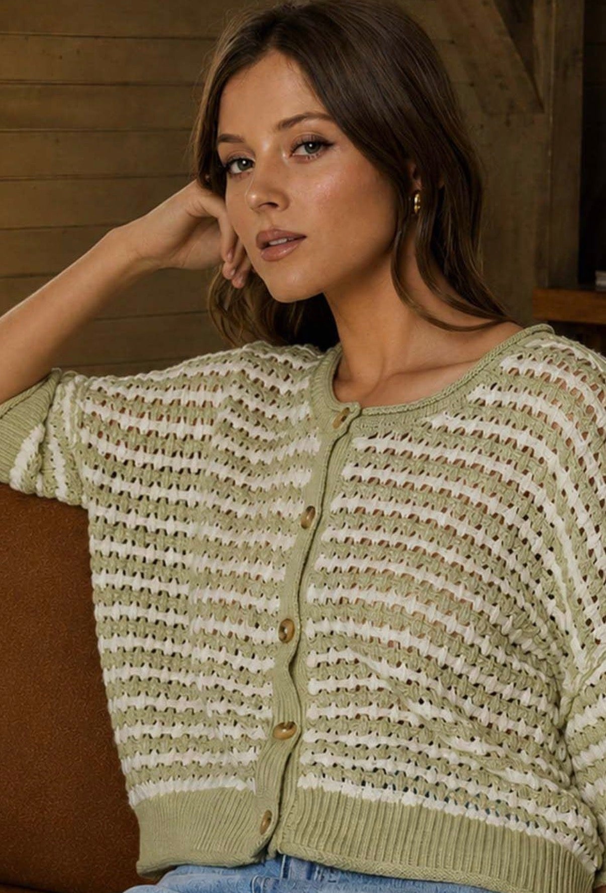Green stripe button sweater top