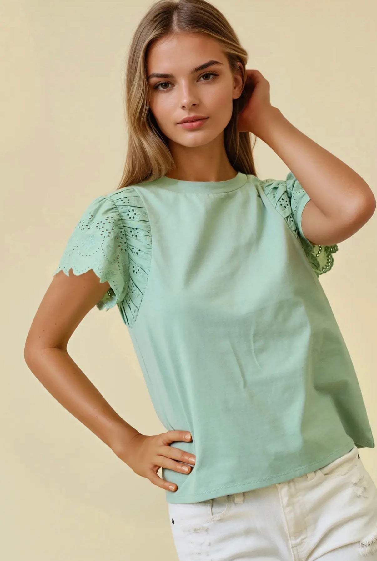 Sage ruffled eyelet sleeve top