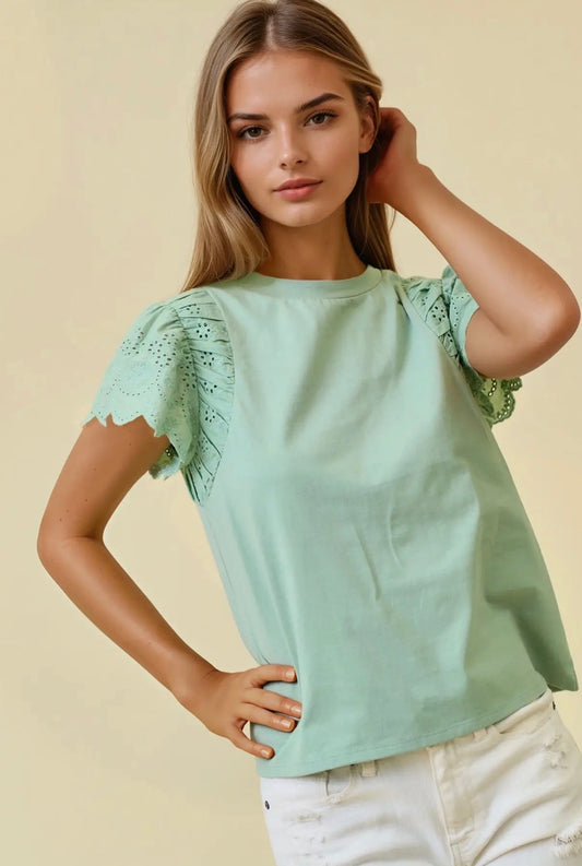 Sage ruffled eyelet sleeve top