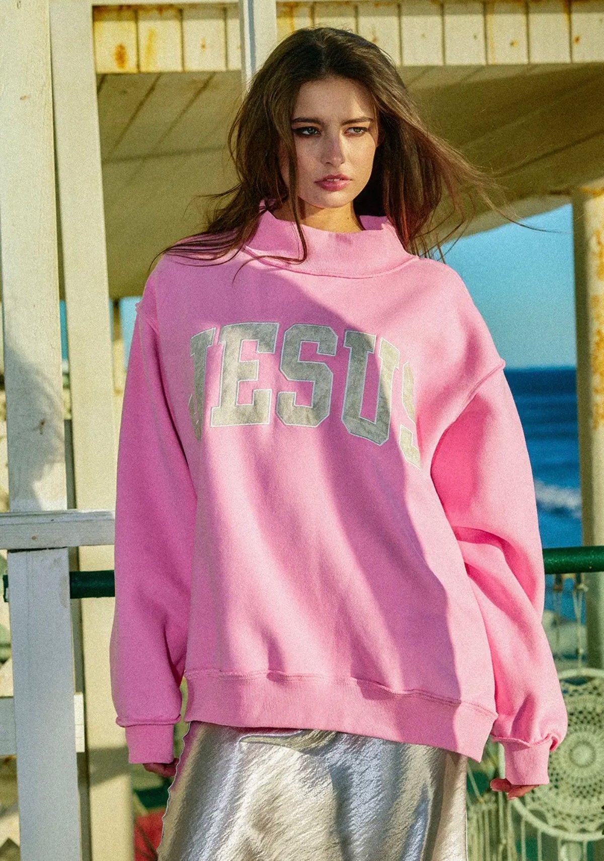 Camo Jesus pink mock neck sweatshirt